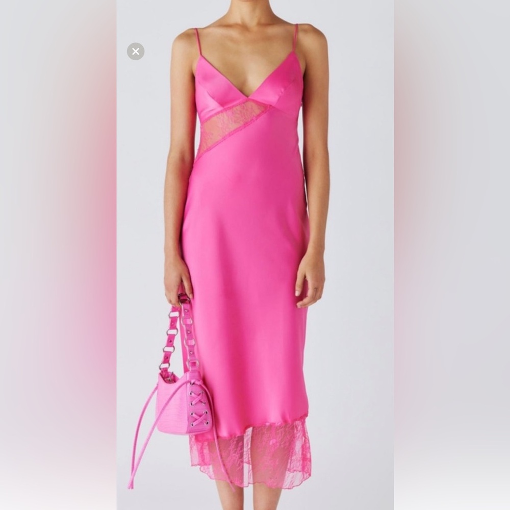 Urban Outfitters Rose Satin Slip Midi Dress With Lace Cutout in Pink Size Med